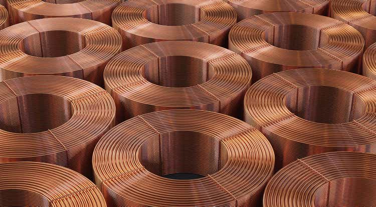 Many copper bobbins, warehouse copper pipes.